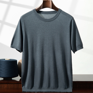 夏季60支精纺100%纯羊毛针织短袖男士T恤低圆领薄款时尚半袖体恤