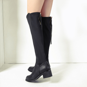 秋冬新款靴子女长靴过膝皮靴加绒粗跟平底高筒骑士靴长筒军靴马靴