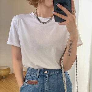 mocha dan宽松百搭圆领纯色简约短袖t恤女2022夏季新款纯棉上衣