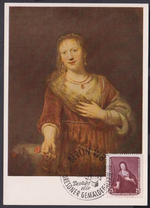 16028 东德1957 邮票 馆藏名画 伦勃朗作品 持红花的萨斯基亚 极