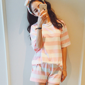 夏季女士睡衣女夏天韩版纯棉卡通可爱短袖裤条纹粉色套装出一套啦