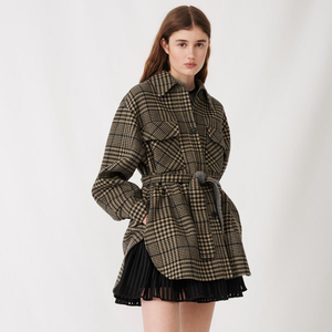 m家法国毛呢外套20秋冬欧美范气质宽松格子系带大衣女mfpou00446