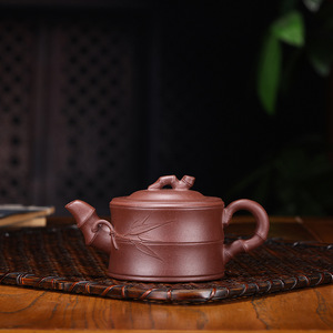 宜兴紫砂壶王兆春全手工原矿紫泥竹节家居功夫茶具刻绘描金套装
