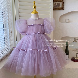 高端女童连衣裙夏季儿童紫色超仙网纱裙小女孩洋气蓬蓬礼服公主裙