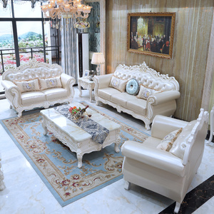 欧式真皮沙发123组合别墅客厅家具法式奢华实木雕花白色牛皮沙发
