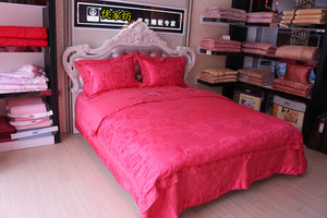 莫代尔提花纯棉四件套婚庆砖红被套1.5、1.8米床上结婚床单被套