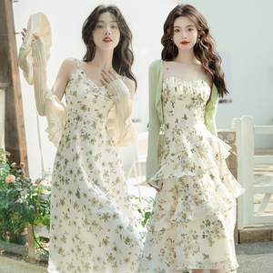 法式甜美绿色碎花吊带连衣裙开衫两件套超仙女夏季闺蜜装裙子清新