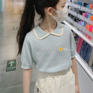 韩国童装女童T恤套装夏季新款儿童娃娃领针织衫上衣白色宽松短裙