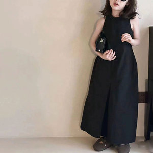 亲子装女童黑色连衣裙韩式童装收腰显高气质设计感无袖长款A字裙