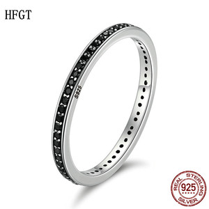 HFGT简约时尚气质女镶黑色锆石S925纯银女戒指指环现货时尚个性