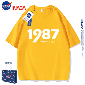 NASA联名1987黄色短袖男女款百搭纯棉宽松年份定制T恤情侣装半袖