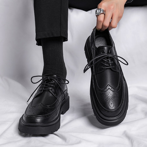 皮鞋男士夏季透气英伦风布洛克商务正装黑色内增高结婚新郎德比鞋