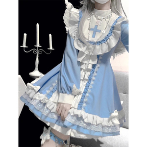 【现货】哥特风女装修女lolita蓝白连衣裙女可爱日常洋装OP公主裙