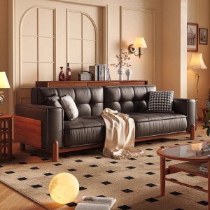 美式复古真皮沙发客厅2024新款实木小户型直排胡桃木头层牛皮沙发