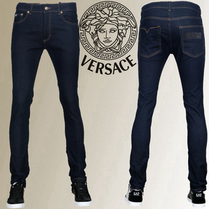 正品现货 versace 范思哲 男修身小脚牛仔裤深蓝休闲长裤刺绣男裤