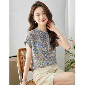 韩版时尚碎花雪纺衬短袖上衣女夏季新款洋气流行漂亮小衫立领衬衣