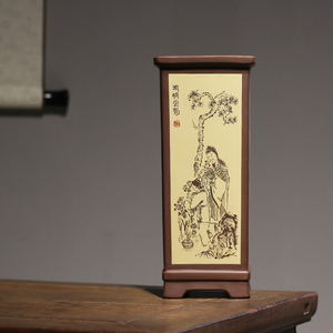 名家石痕王京卫精品紫砂兰花盆高档手工刻绘粉浆四方中号千筒陶瓷