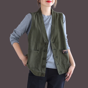 复古韩式双口袋文艺一粒扣衬衫马甲叠穿搭配纯棉马夹小外套女上衣