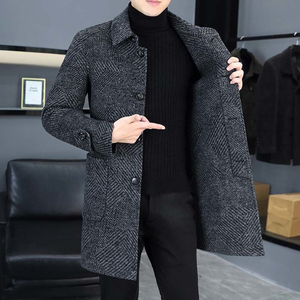 秋冬季新款韩版修身斜纹翻领双面呢大衣男时尚中长款呢子风衣外套