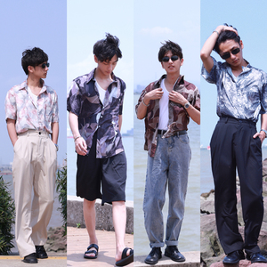 何记港风/5色复古港风花衬衫 夏季宽松轻薄80年代短袖衬衣男