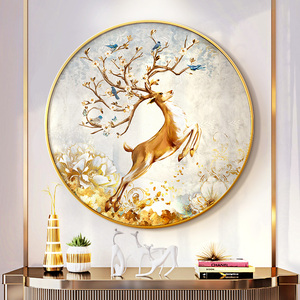 现代手绘圆形壁画玄关油画客厅轻奢过道挂画美式玄幻装饰画招财鹿