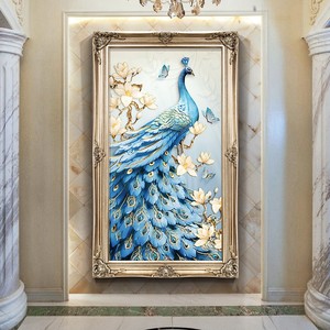 手绘玄关油画欧式装饰画美式艺术挂画入户客厅过道壁画吉祥蓝孔雀