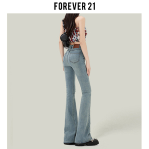 Forever 21复古蓝微喇叭牛仔裤女春夏新款高腰修身显瘦马蹄拖地裤