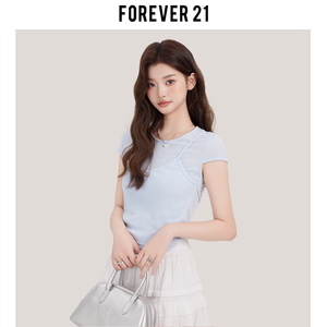 Forever21小清新蓝色假两件吊带T恤女夏韩系甜美设计感叠穿短上衣