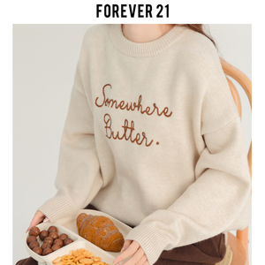 Forever 21慵懒风米驼色圆领长袖针织毛衣女秋冬韩系刺绣套头上衣