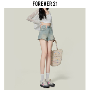 Forever 21美式浅蓝色包臀牛仔超短裤女复古设计感高腰毛边热裤子