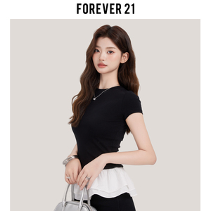 Forever21蓬蓬花边拼接短袖T恤女夏黑色设计感芭蕾风修身圆领上衣