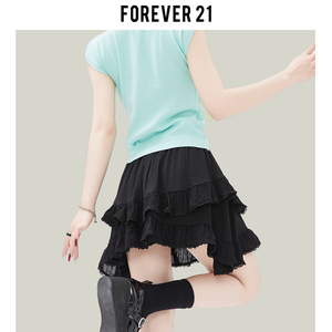 Forever21黑色蕾丝双层蛋糕裙女芭蕾风高腰A字短裙不规则半身裙子