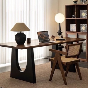 实木餐桌胡桃木色客厅大长书桌工作台大板餐书桌一体会议办公桌