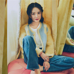 杨幂明星同款黄色针织衫开衫2022秋冬菱形格单排扣短款毛衣外套女