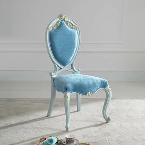 法式田园风轻奢实木餐椅欧式雕花浅蓝描金布艺书椅化妆椅餐厅椅子