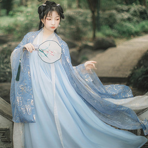 华亭轩春新款汉服日常中国风蓝色烫金大袖衫9米大摆齐胸襦裙套装