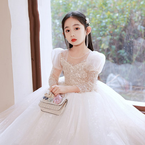 女童钢琴表演礼服裙长袖儿童主持人演出服12岁女孩圆锁生日公主裙