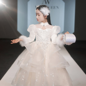 女童生日宴公主裙12岁女孩圆锁礼服秋冬长袖儿童主持人钢琴演出服