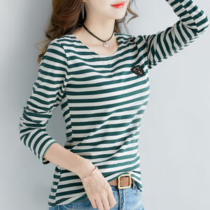 纯棉长袖女士外穿t恤女衣女土丅恤体侐桖血条纹打底衫单穿上衣服