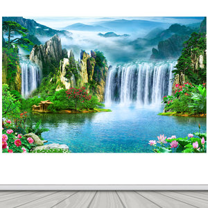 流水生财无活物仙堂山水画家用背景画有山有水自然风景海报墙贴画