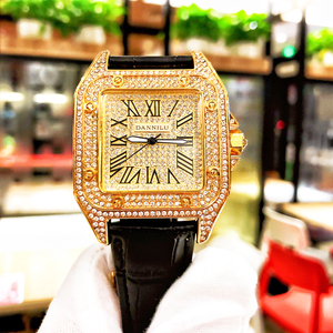 新款镶满钻方形手表大表盘真皮带非机械男表复古经典奢华方钻腕表
