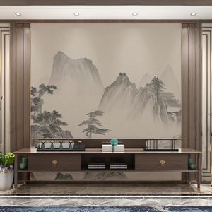 新中式水墨山水电视背景墙卧室风景壁画墙纸客厅茶室壁布墙布定制