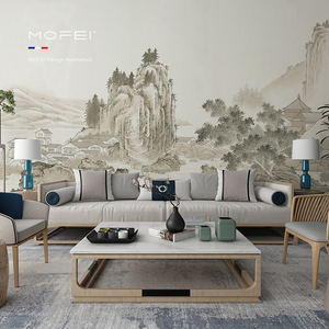 新中式手绘墙纸山水墙布客厅电视背景墙壁纸卧室沙发无缝定制壁画