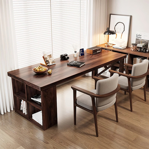 北欧黑胡桃木全实木书桌书柜一体客厅大桌家用大板桌写字台办公桌