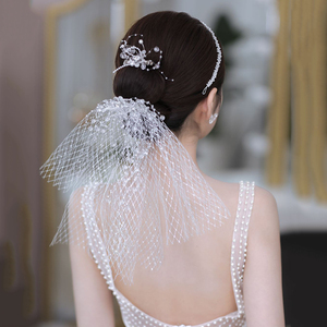 韩式新款超仙亮银色短头纱头饰新娘森系婚纱礼服造型写真影楼配饰