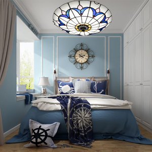 地中海田园卧室书房吸顶灯LED蒂凡尼欧式复古彩色玻璃圆形阳台灯