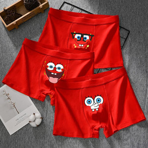 海绵宝宝内裤男纯棉红短裤四角裤大红男生原创潮流可爱兔年本命年