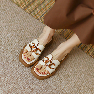 小个子厚底真皮链条凉拖鞋女夏外穿时尚松糕底沙滩一字拖