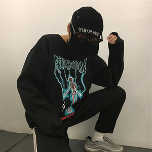 ins潮人街头原宿暗黑闪电骷髅头印花宽松bf男女学生套头绒衫卫衣