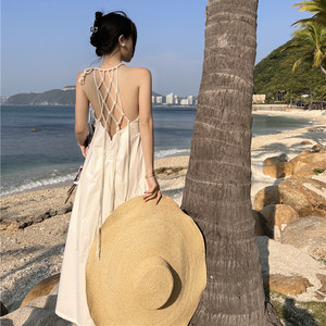 泰国巴厘岛手工麻绳露背吊带挂脖连衣裙长女夏三亚海边度假沙滩裙